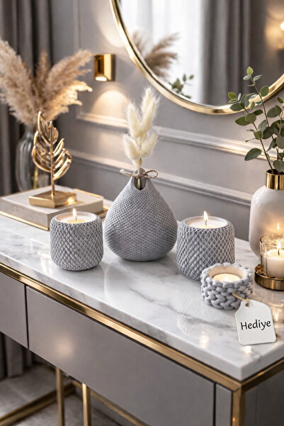 Misya DEKOR Luxe Aura Taş Tozu Mumluk & Dekoratif Vazo Seti – Gri (2 Mumluk +...