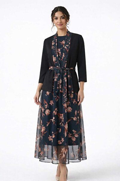 Butik İkili Takım Çiçek Desenli Elbise ve Ceket