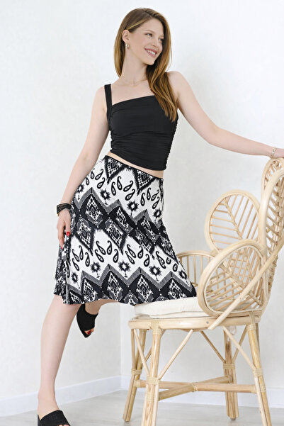 Aslında Look Black and White Patterned Burumcuk A-Line Women's Skirt Below th...