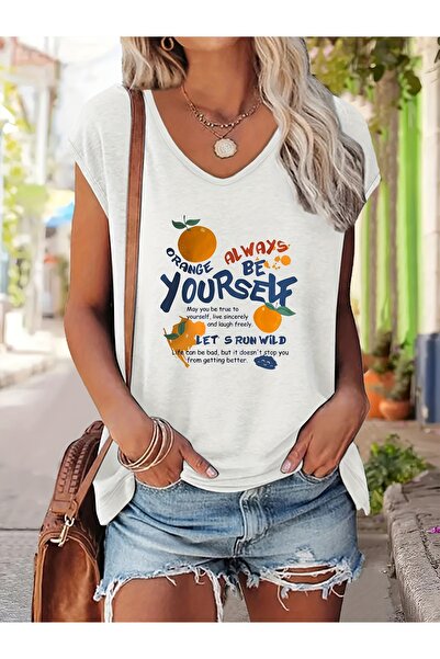 Deocept Γυναικείο μπλουζάκι Mix με τύπωμα με λαιμόκοψη V, αμάνικο, κανονική ε...