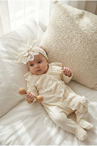 Empressco Minik Prenses Krem Dantelli Pamuk İnterlok Bebek Tulum Ve Saç Bandı...