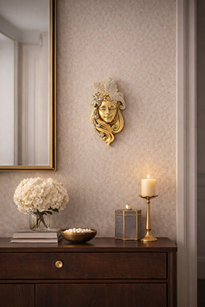 Efe Gold Kadın Figürlü Dekoratif Duvar Maskesi – Işıltılı Salon, Antre ve Ofi...