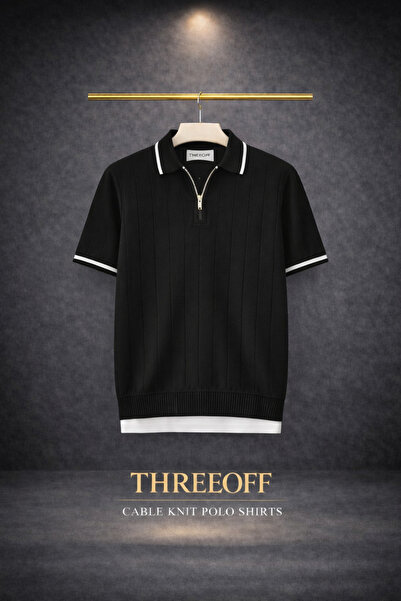 threeoff Men's Knitwear Polo Shirt Half Zip Detail Short Sleeve Summer T-Shirt