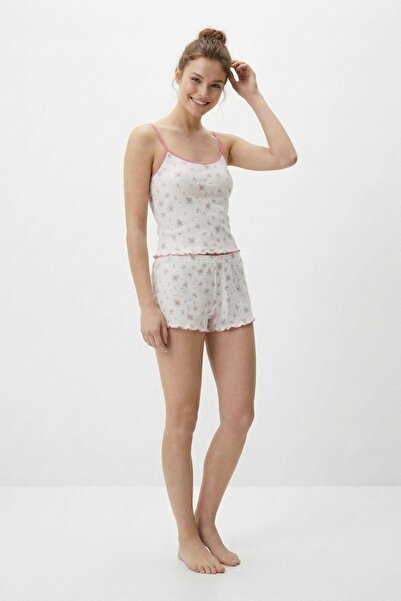 Rays 0704 Floral Pattern Strap Shorts Pajama Set White