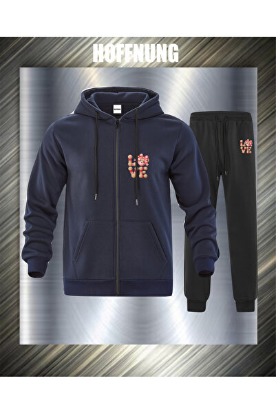 HOFFNUNG Unisex Casual Tracksuit Set Love Bear Head Outdoor Full Zip