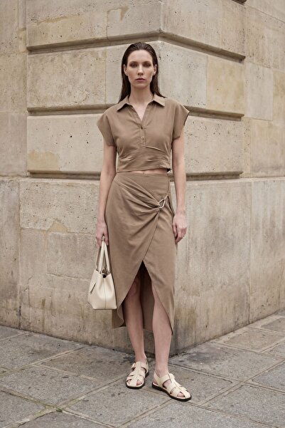 Hiccup MY FASHION Set din două piese: bluză crop din amestec de in & fustă mi...