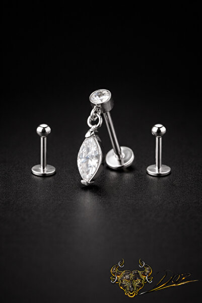 depozoom 316L Cerrahi Çelik Sallantı Markiz Zirkon Çelik 3 Adet Labret Piercing