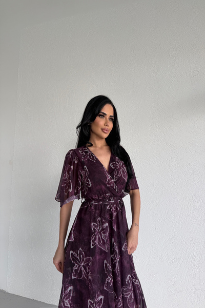 LİLA İSTANBUL Double-Breasted Yaka Patterned Volanli Chiffon Dress
