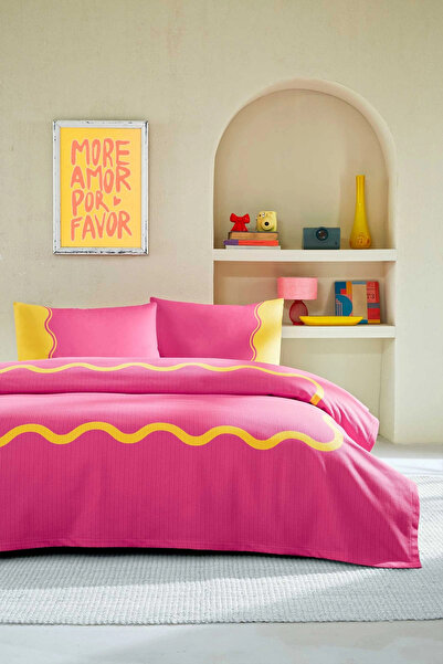 Özdilek Neon Wave Fitted Bed Sheet Double Pique Bedspread Set - Pink