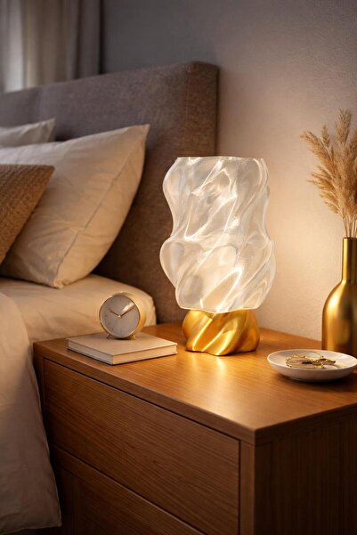 Home Aura Gold Detaylı Buzlu Cam Görünümlü Modern Komodin Lambası - Dekoratif...