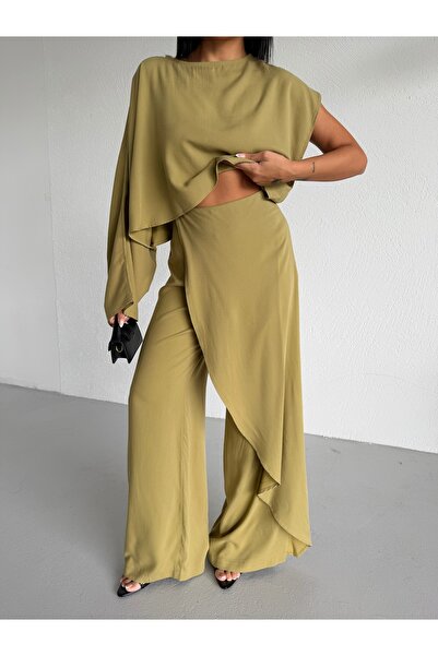 ASEDE Tek Sleeve Detail Asymmetrical Design Draped High-Waisted Wide-Leg Wome...