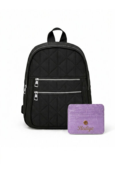 İKRA ÇANTA Quilted Backpack Lila Card Holder Wallet Gifted