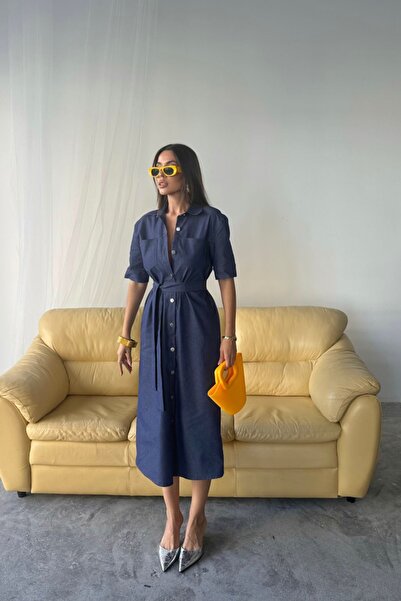 Hiccup JANES Kemerli Kot Midi Elbise, Gömlek Yakalı