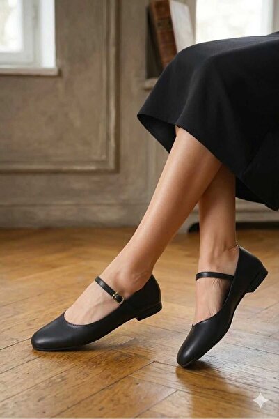 maria life Ballet Flats Black Leather Closed Helmet with Round Toe Caps Flat ...