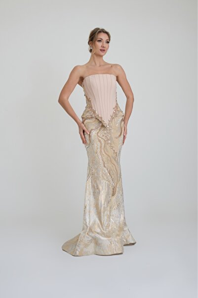 ROJBEY KADIN ABİYE STRAPLEZ KORSAJLI PAYET KUMAŞLI UZUN ŞIK TAKIM ELBİSE