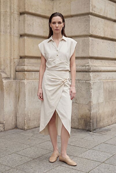 Hiccup My Fashion Linen Blended Cropped Blouse & Accessory Detail Midi Skirt ...