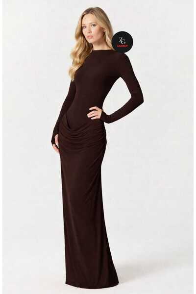 Zagrep Women's Brown Draped Ruched Detail Half Turtleneck Lined Maxi Dress