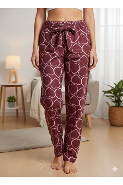 Sude Women's Pajama Pants – Fluffy Burgundy with Hearts