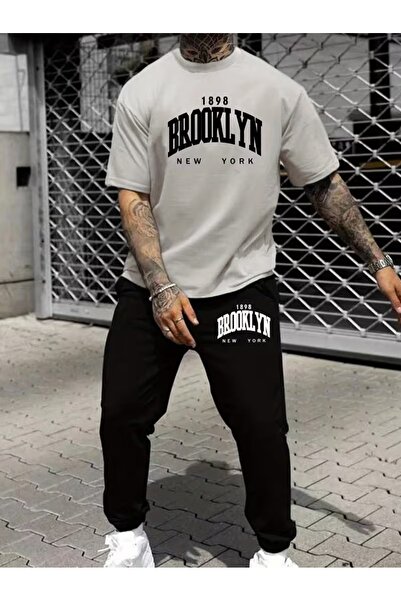 puolikuu Men's Oversized Tracksuit Set - Brokkyln Printed Tshi̇rt - Eşortman