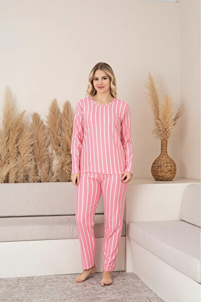 Sude Pijama Damă Roz cu Dungi Albe – Mâneci și Pantaloni Lungi, Material Moale
