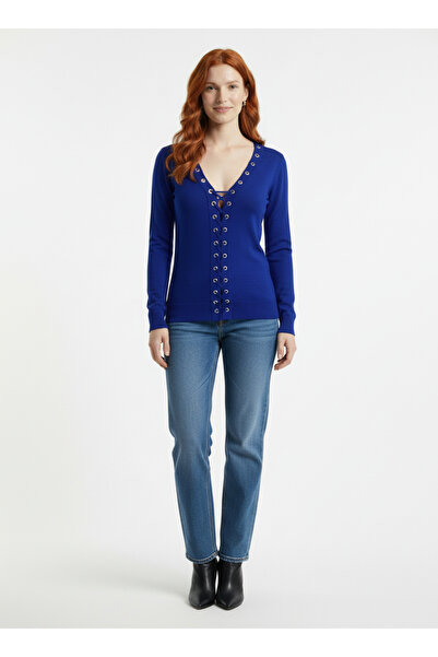 Neden Tekstil Women's Navy Blue V-Neck Lace-Up Stylish Knitwear Blouse with M...