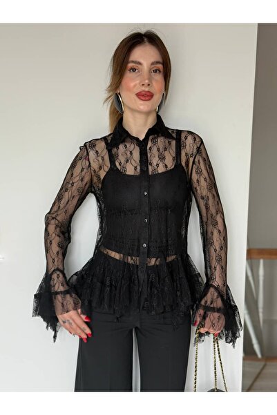 YK FASHION Fırfır Detaylı Dantelli Gömlek