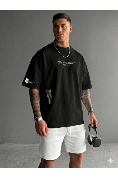 ALİ.COM Unisex Μπλουζάκι The Boston με τύπωμα Crew Neck Βαμβάκι llu oversized