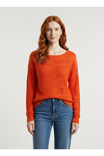 Neden Tekstil Women's Orange Crew Neck Special Textured Wave Patterned Knitwe...