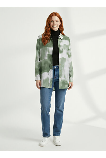 Neden Tekstil Women's Mint White Batik Print Polo Collar Side Slit Tunic Shirt