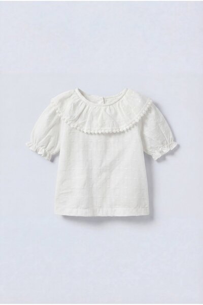 Magu Girl's Cotton Pack White Collar Detail Blouses - with Pompom Stripes