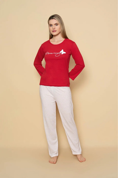 Ercan Pijama damă cu mânecă lungă și pantaloni lungi asortați, imprimeu ,,Dre...