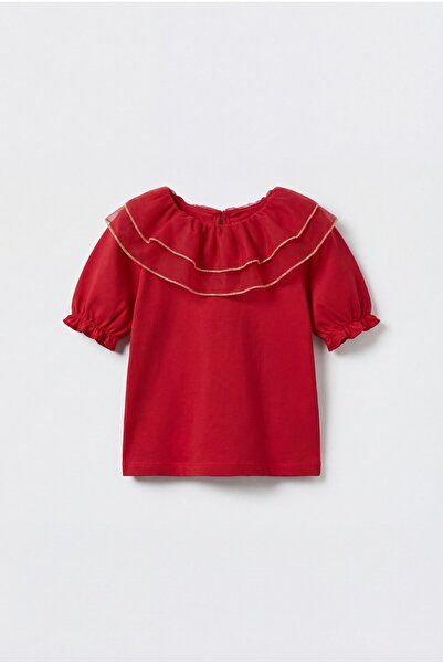 Magu Girl's Cotton Pack Red Flywheel Collar Blouse - Gold Striped Detail