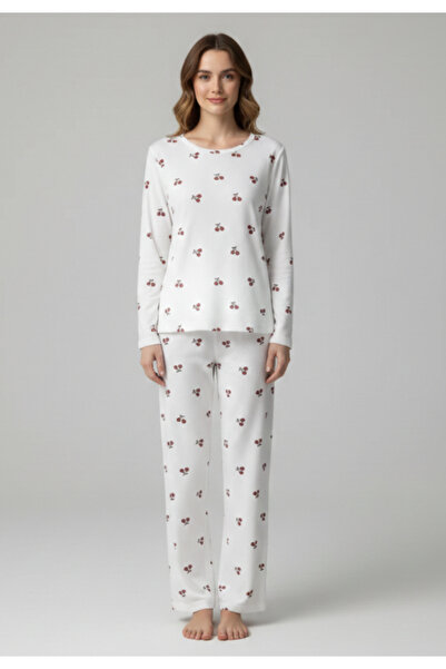 Sude Pijama damă albă cu imprimeu cireșe, bluză cu mânecă lungă și fundiță