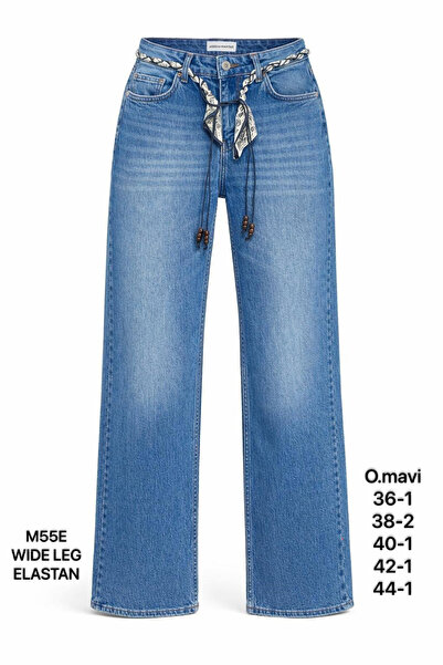 Miss Poem Women's Medium Blue Belt Detail High Waist Wide Leg Jean Pants