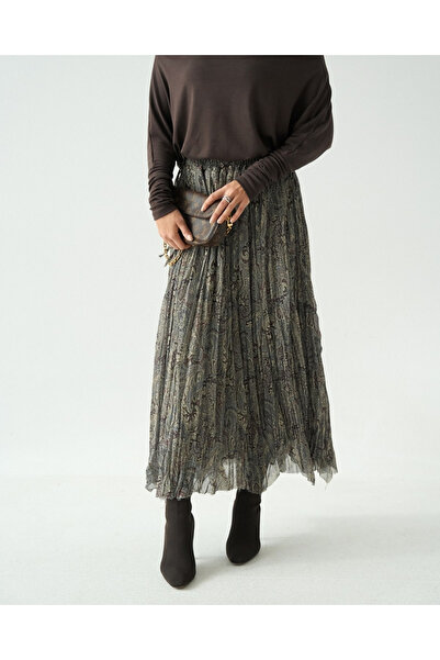 Qualia Butik Kadın Etnik Desen Beli Lastikli Şifon Maxi Etek