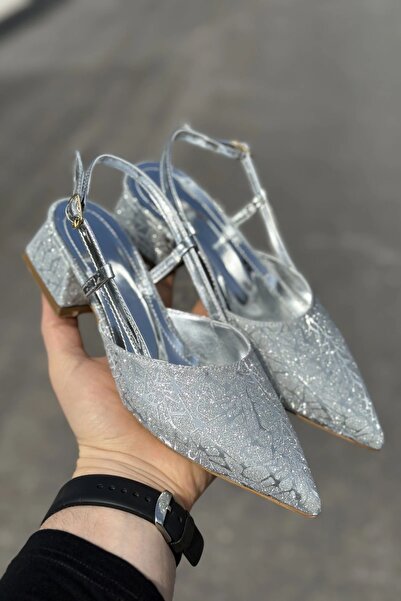 topuksarayı Glow Silver Glittery Pointed Toe Heeled Shoes