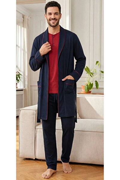 Espuar Men's Cotton Robe Long Sleeve 3-Piece Pajama Set
