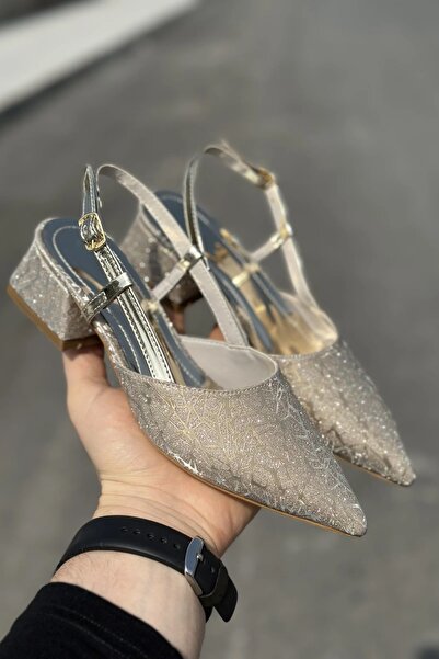 topuksarayı Glow Gold Glittery Points. Burun Heeled Shoes