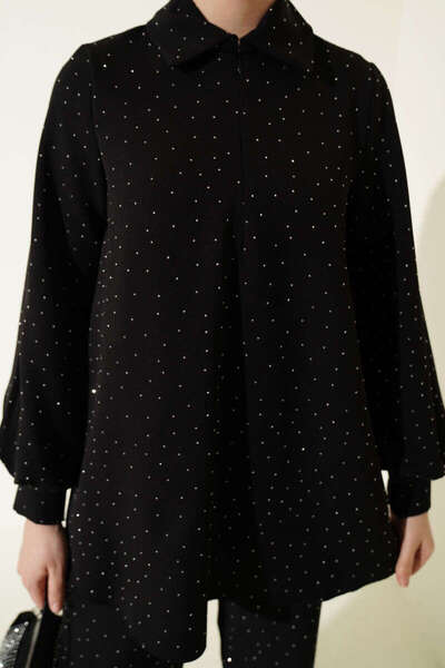 Burcia Shirt Collar Stone Decorated Double Set