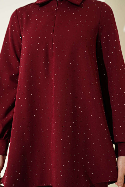 Burcia Shirt Collar Stone Decorated Double Set