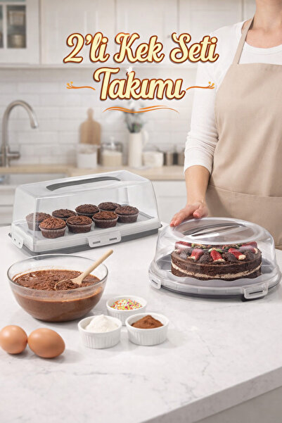 PONÇİK STORE Set of 2 Cake Pastry Storage Container Round Locking Transport T...