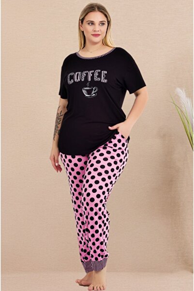 by İGP Black Plus Size Short Sleeve Pajama Set of Polka Dot