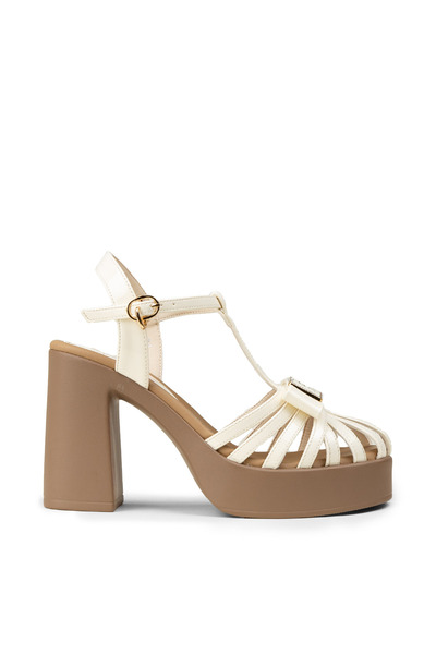 Deery Women's Beige Patent Leather Platform Heels Sandals