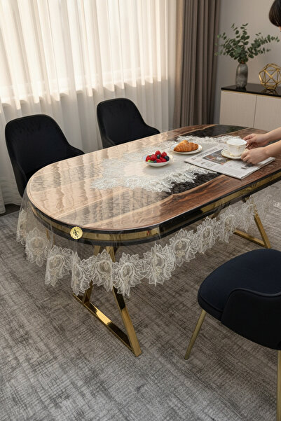 Altın Çeyiz Tekstil Fransız Güpürlü Oval Şeffaf Masa Örtüsü - Çınar Model Run...