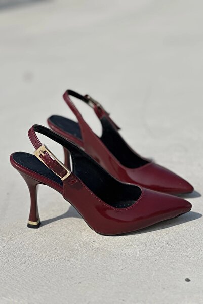 topuksarayı Tao Burgundy Patent Leather Slingback Pointed Toe Thin Heel Styli...
