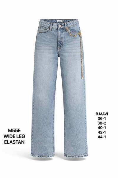 Miss Poem Women's Ice Blue Chain Accessory Detail Wide Leg Jean Trousers