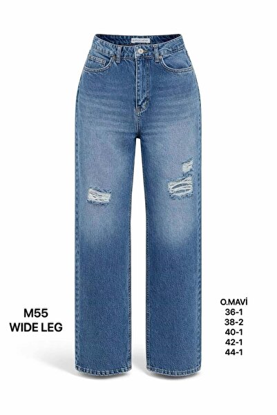 Miss Poem Women's Medium Blue Ripped Detailed Wide Leg Jean Trousers