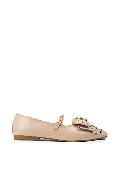 Deery Women's Beige Metal Staple Detailed Mary Janes Ballet Flats