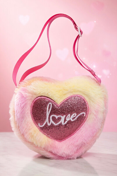Mollycrush Cadou roz pentru fetiță cu broderie Love pluș geantă |   Inimă arg...