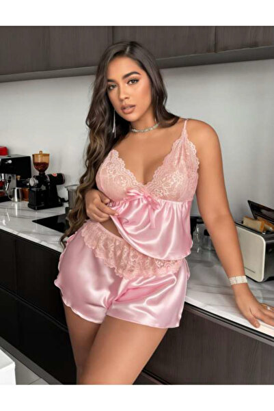 Viselya Lace satin plus size nightgown with ribbon detail